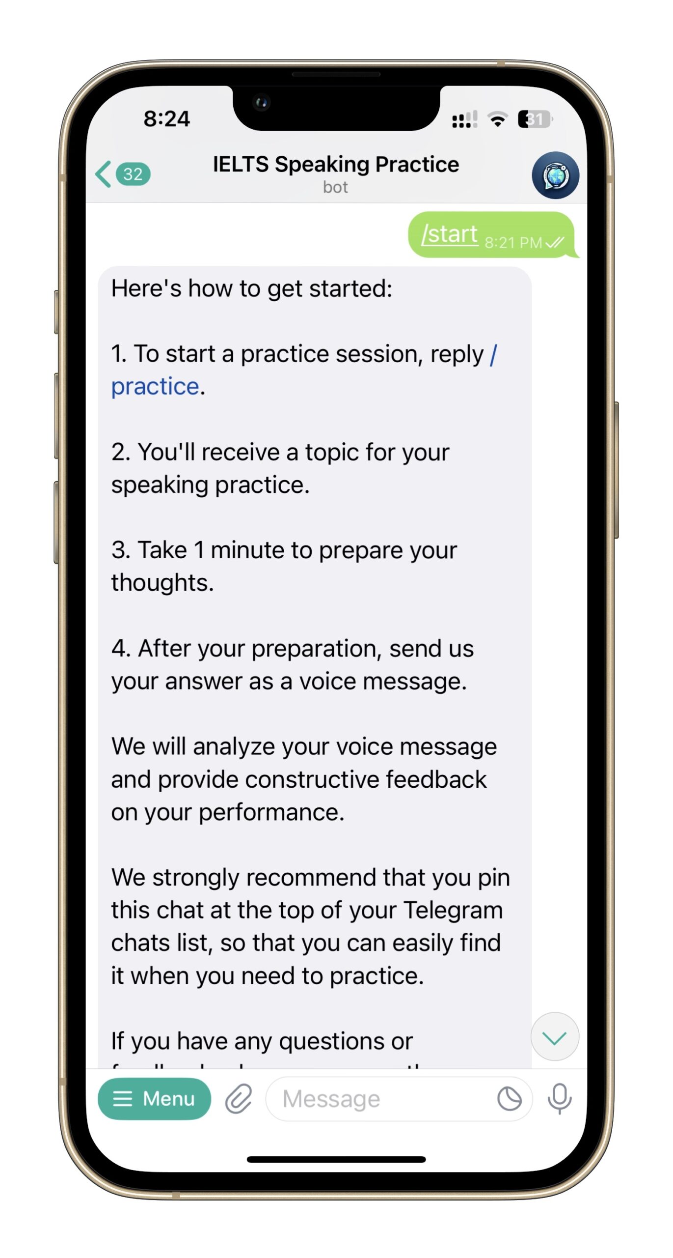 Free Online IELTS Speaking Practice Tool On Telegram