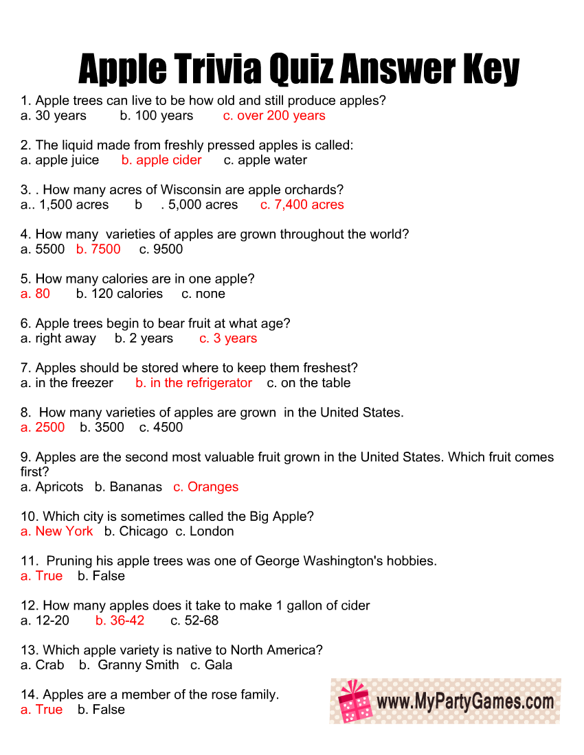 Free Printable Apple Trivia Quiz With Answer Key