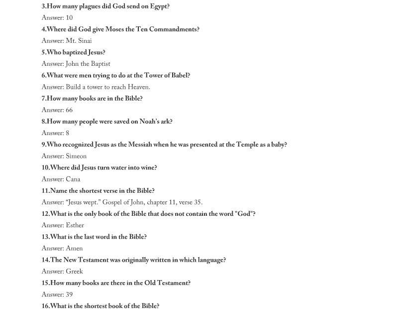Free Printable Bible Trivia Quiz With Answer Key