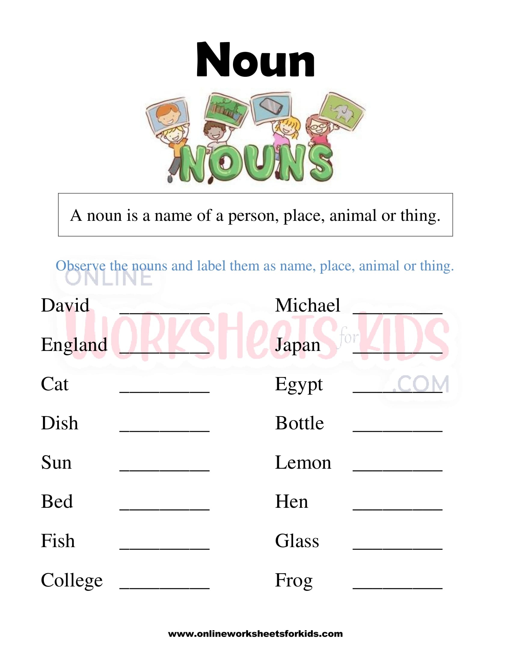 noun activity sheets