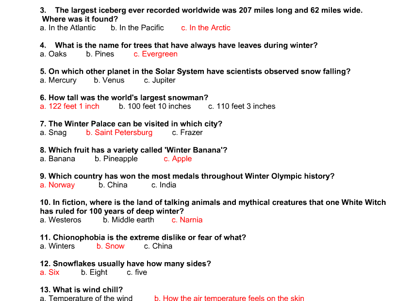 Free Printable Winter Trivia Quiz With Answers