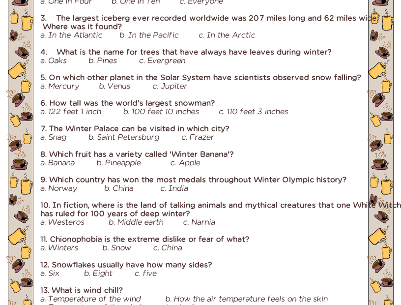 Free Printable Winter Trivia Quiz With Answers