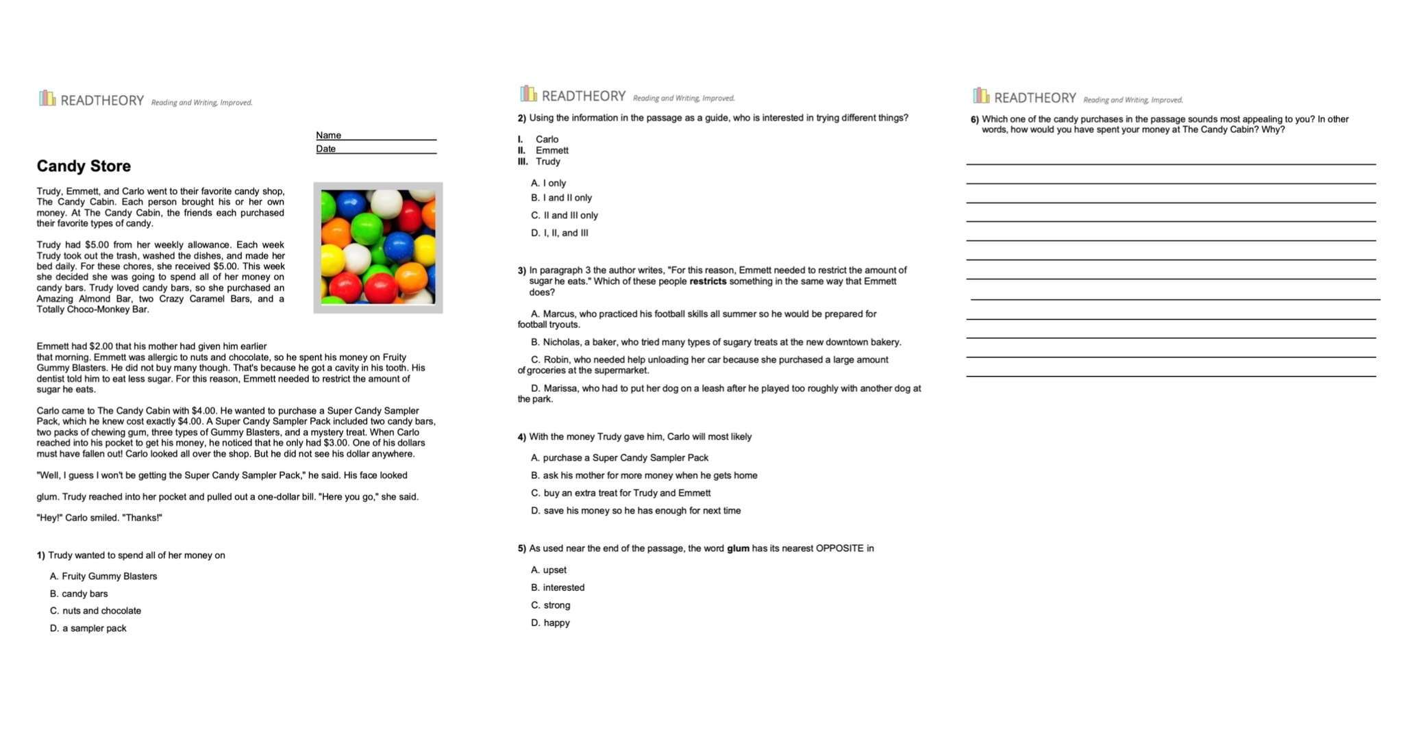 free printable reading comprehension tests