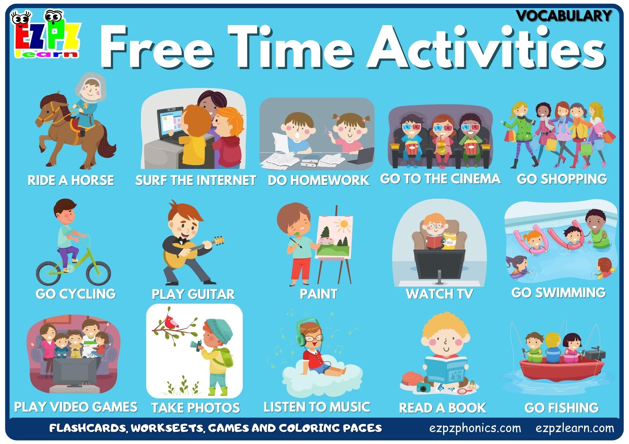 Free Time Activities Vocabulary Picture Dictionary Join Now For Free Flashcards Worksheets And Coloring Pages Ezpzlearn
