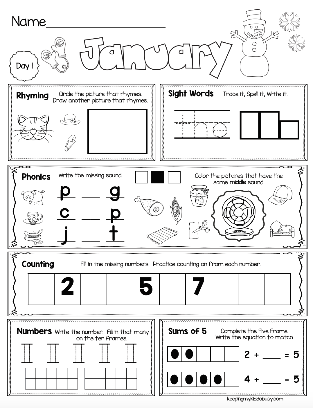 Free Week Of January Seat Work For Kindergarten Keeping My Kiddo Busy