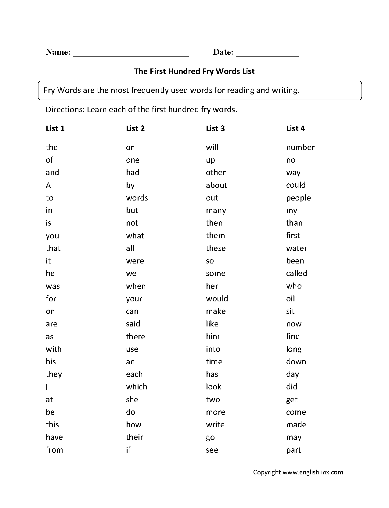 Fry Words Worksheets First Hundred Fry Words List Worksheets