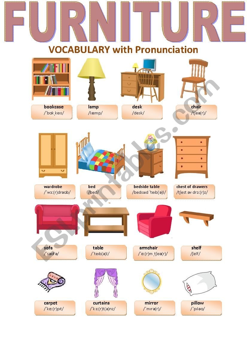 FURNITURE VOCABULARY With Pronunciation ESL Worksheet By Mick3y 7