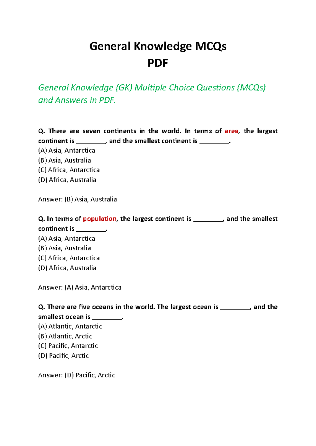 General Knowledge MCQs For Competitive Exams GK 101 Studocu