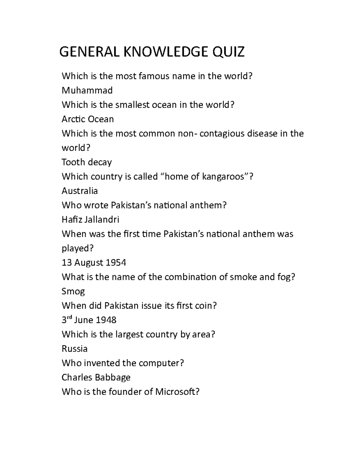General Knowledge QUIZ GENERAL KNOWLEDGE QUIZ Which Is The Most Famous Name In The World Muhammad Studocu