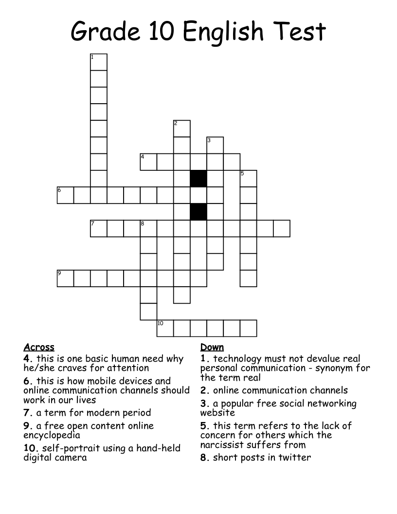 Grade 10 English Test Crossword WordMint