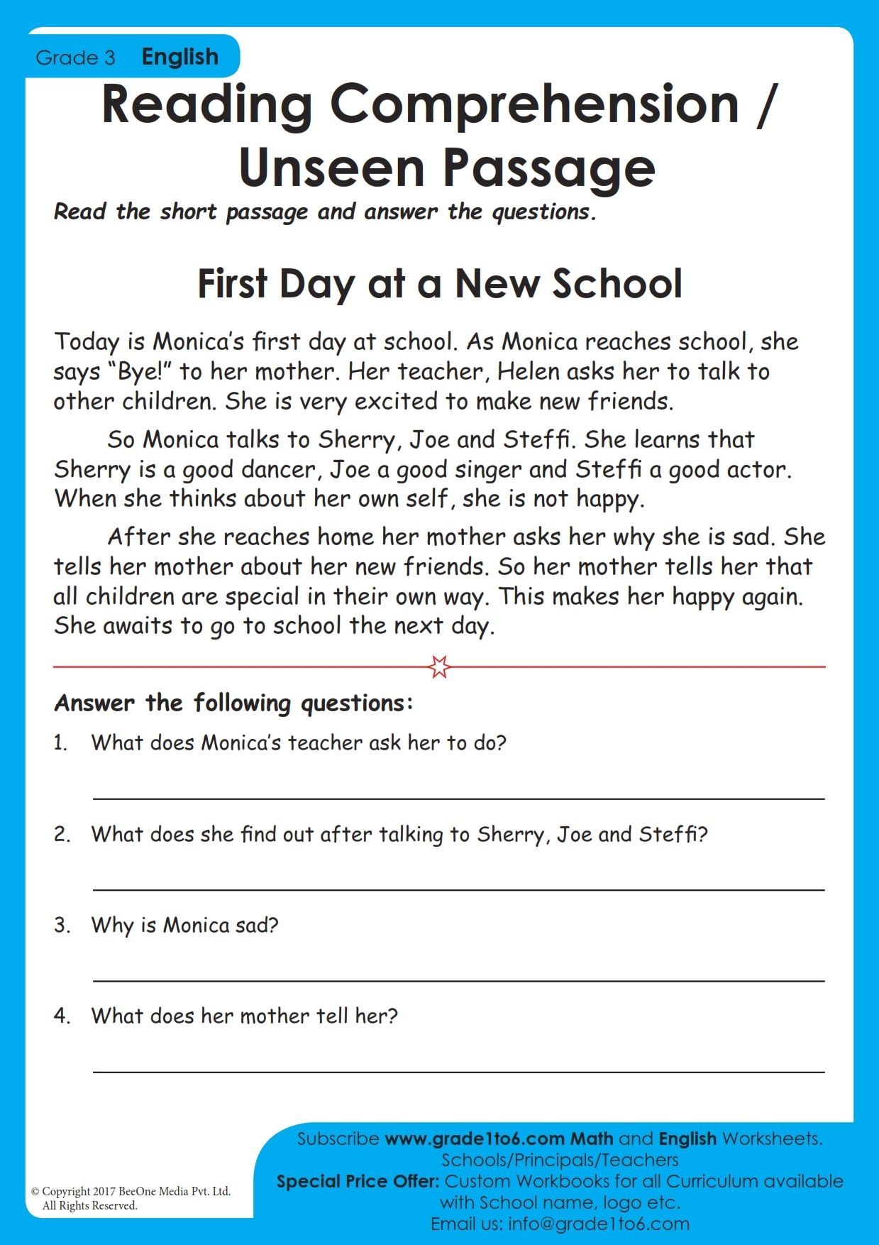 comprehension for class 3 with answers
