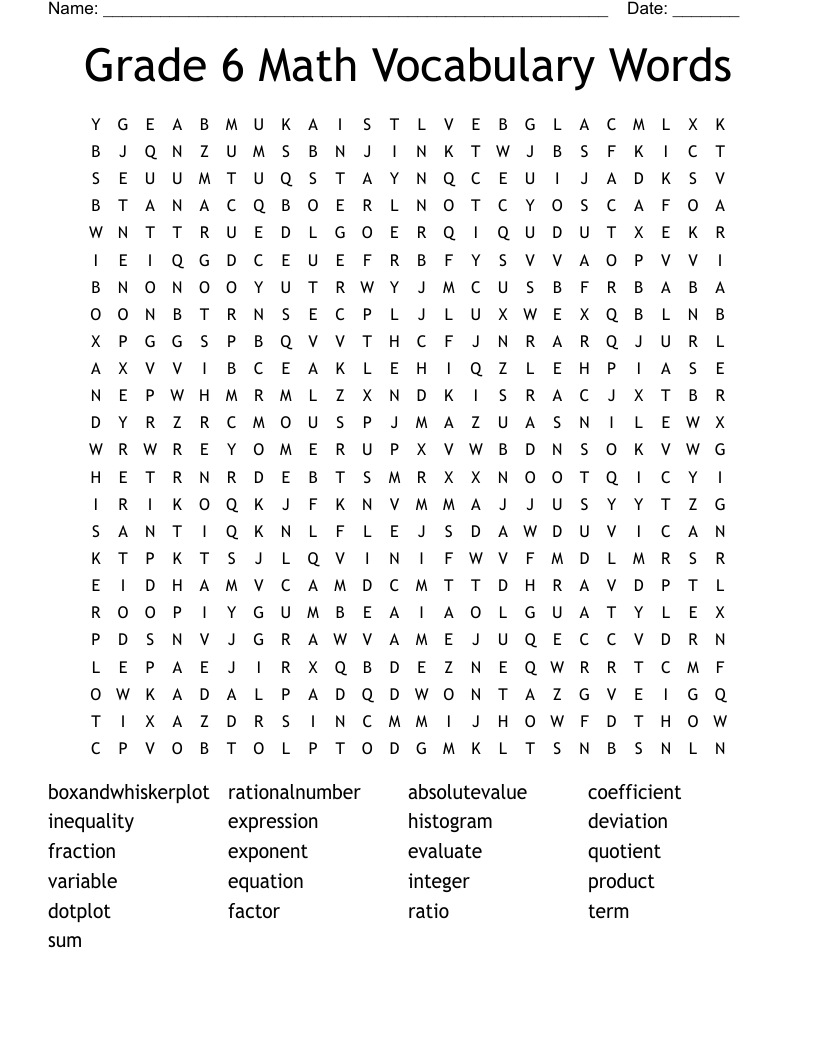 Grade 6 Math Vocabulary Words Word Search WordMint