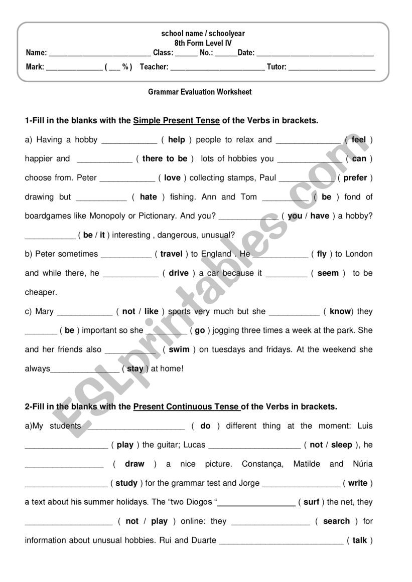 Grammar Test On Present Simple Present Continuous ESL Worksheet By Graceoli