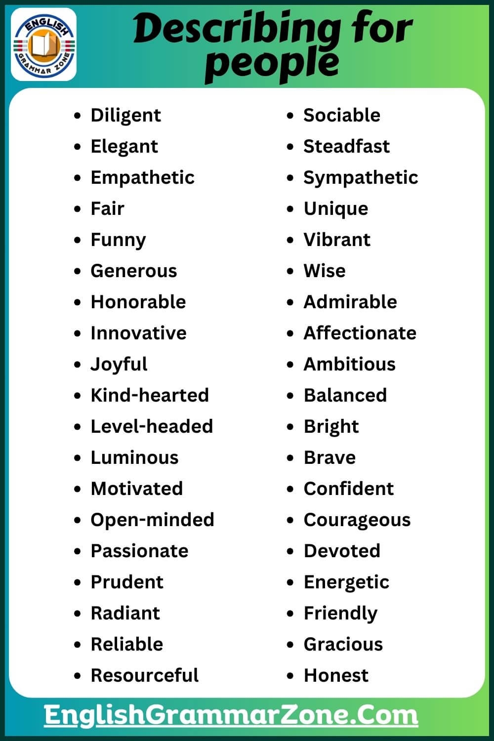 Great 50 Describing Words Vocabulary For People