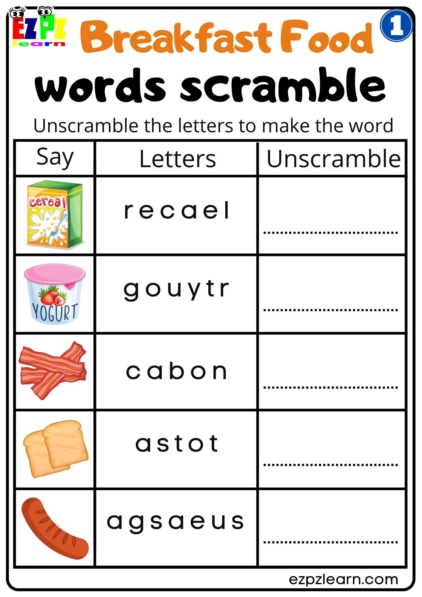 Group 1 Breakfast Food Vocabulary Words Scramble Worksheet For K5 And ESL Students Free PDF Download Ezpzlearn