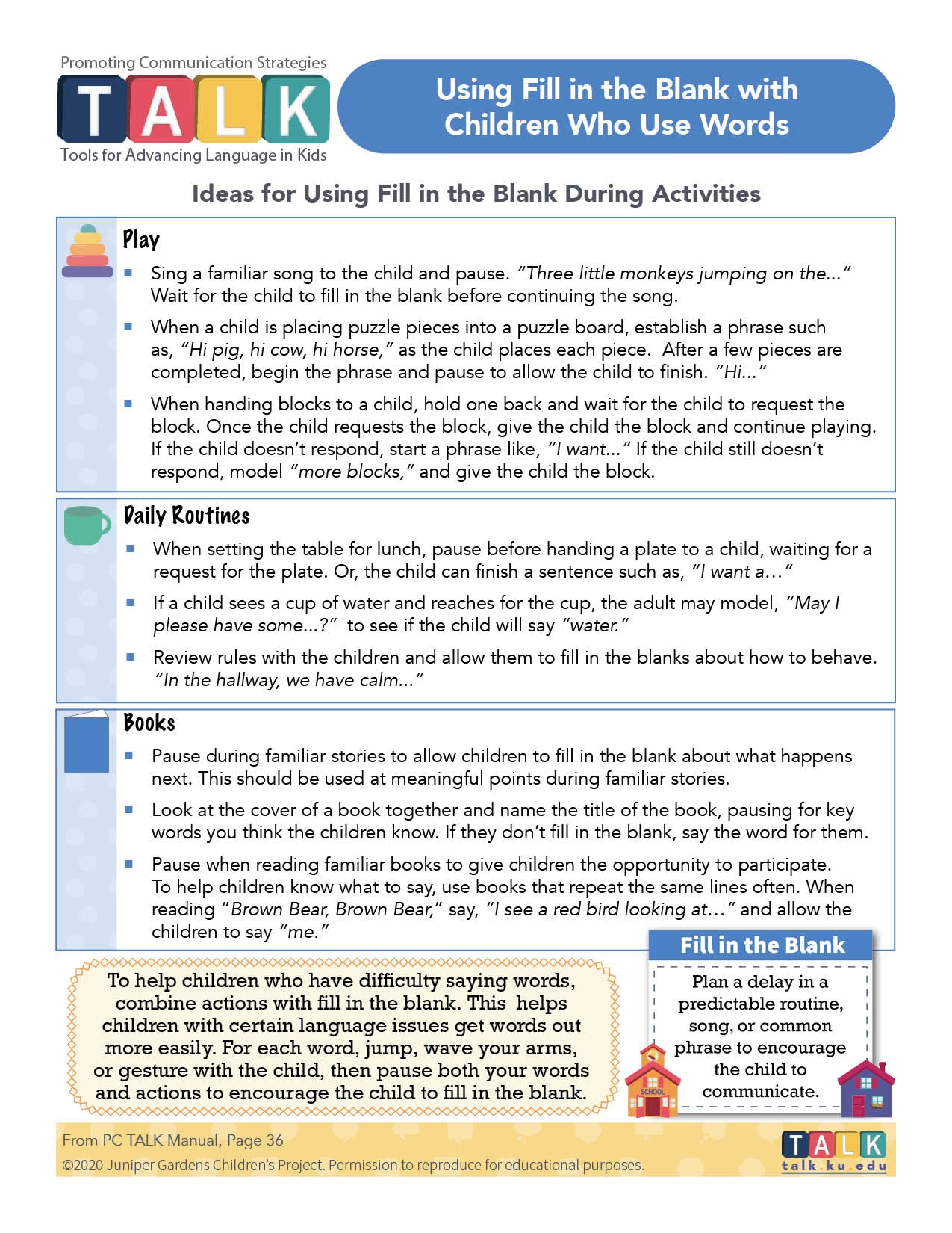 Handout Using Fill in the Blank With Children Who Use Words TALK