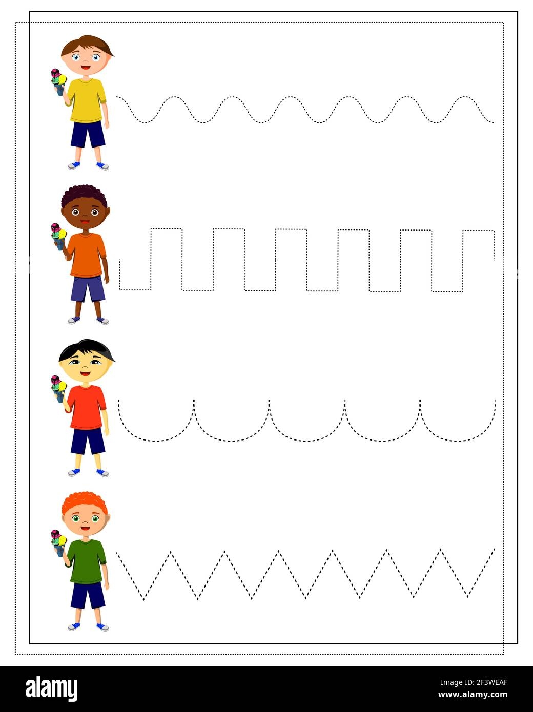 Handwriting Practice Sheet Educational Children S Game Line Tracing For Kids And Toddlers Boys With Ice Cream In Their Hands Of Different Nationali Stock Vector Image U0026 Art Alamy