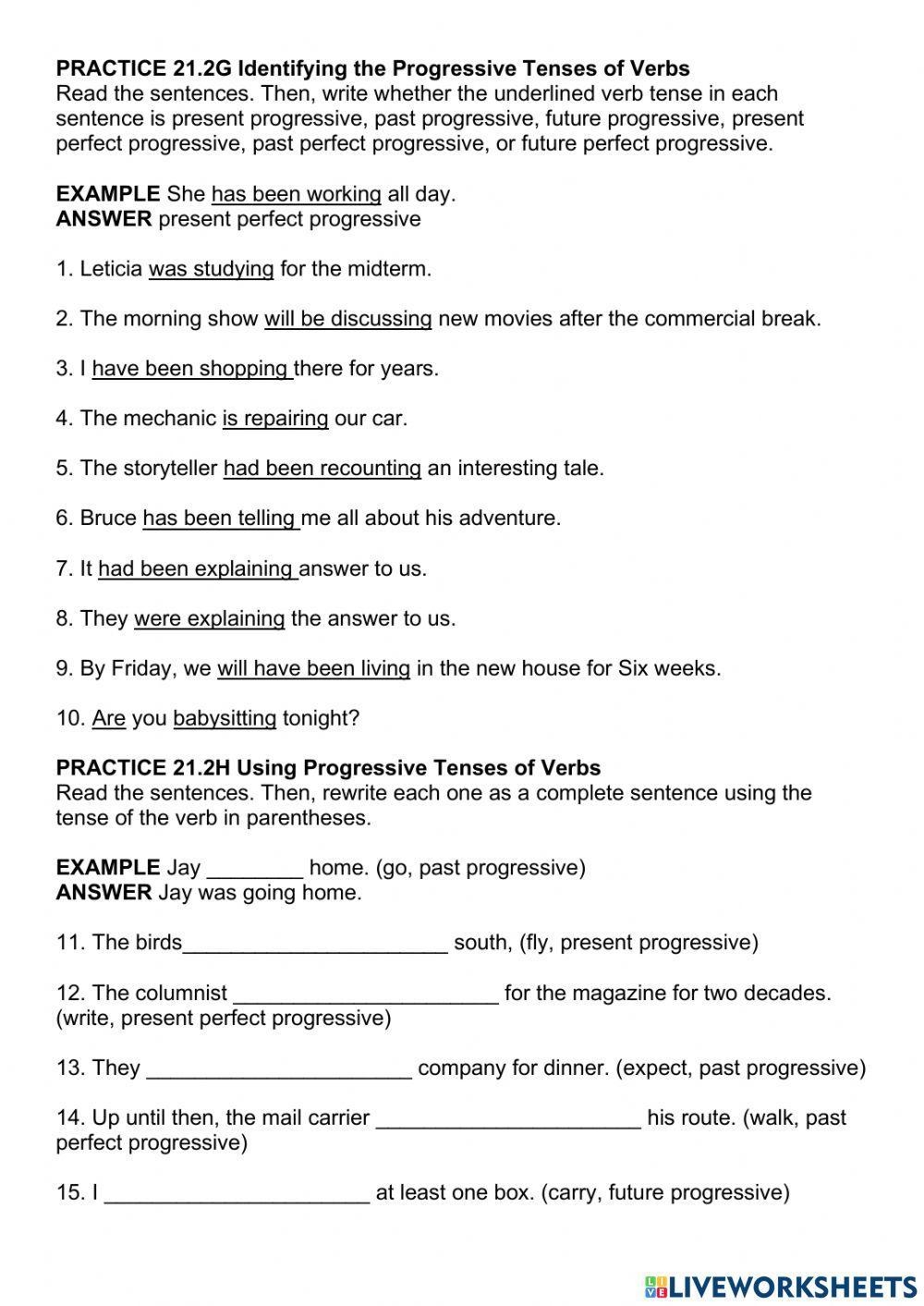 Identifying The Progressive Tenses Of Verbs Worksheet Live Worksheets Library
