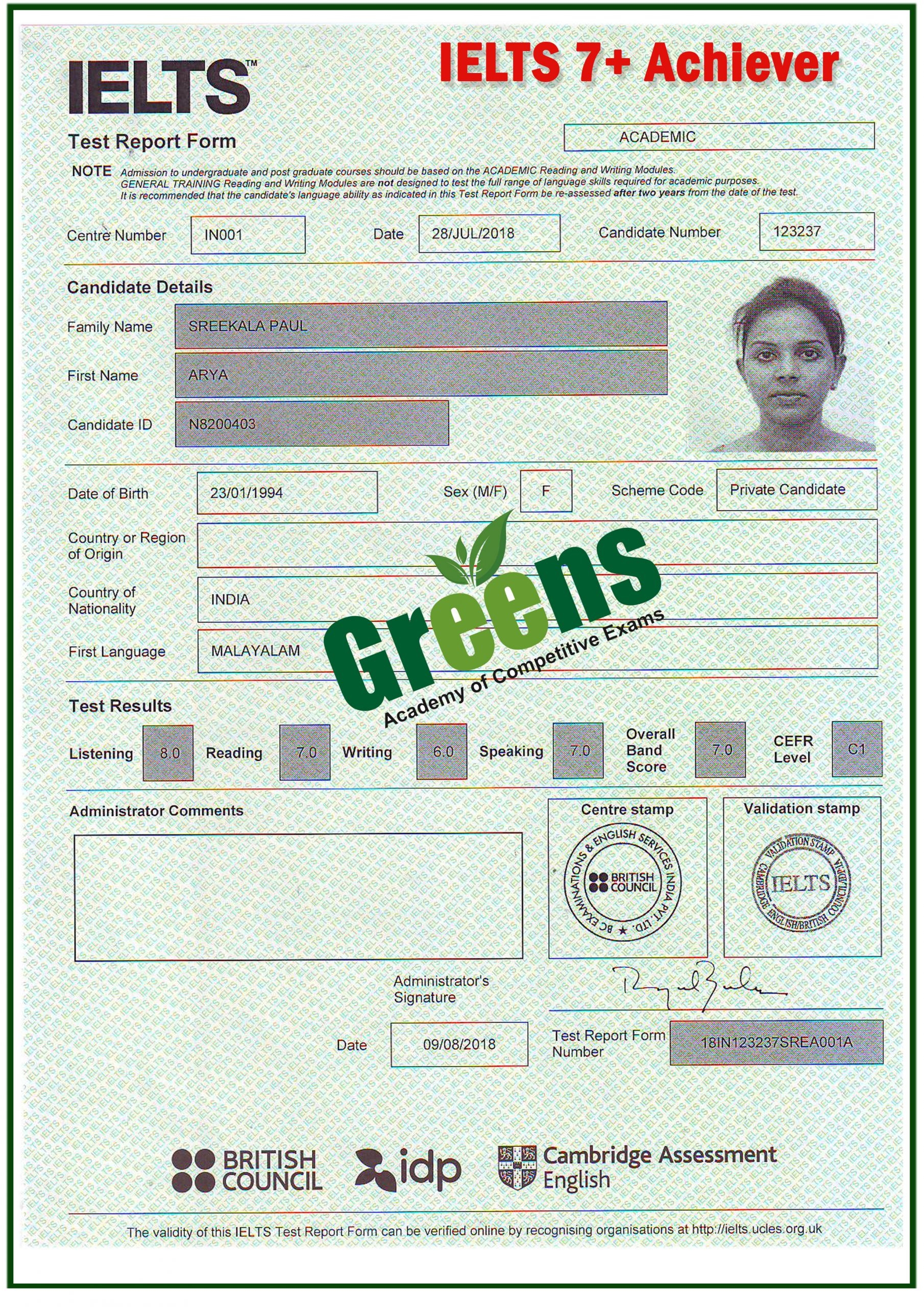 IELTS Score Card 2 Greens Academy