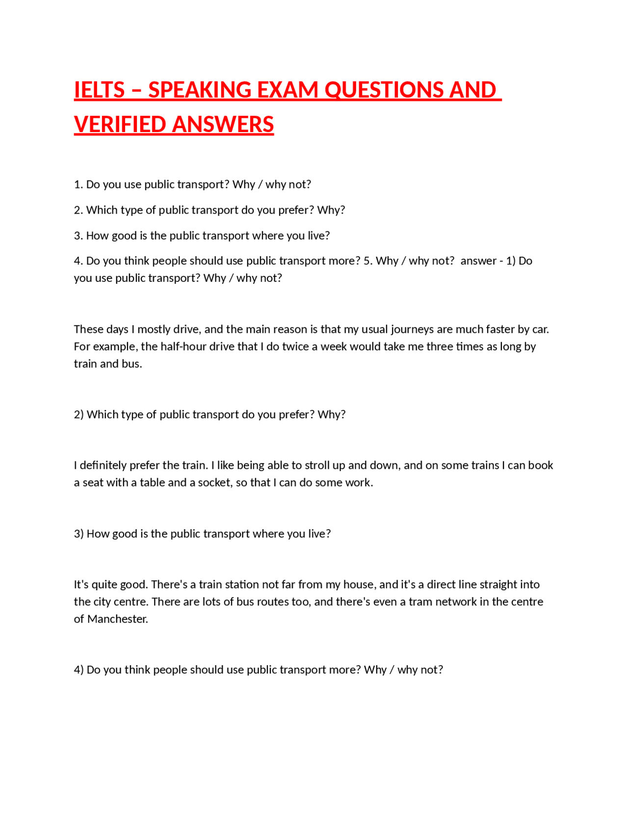 IELTS SPEAKING EXAM QUESTIONS AND VERIFIED ANSWERS Exams 