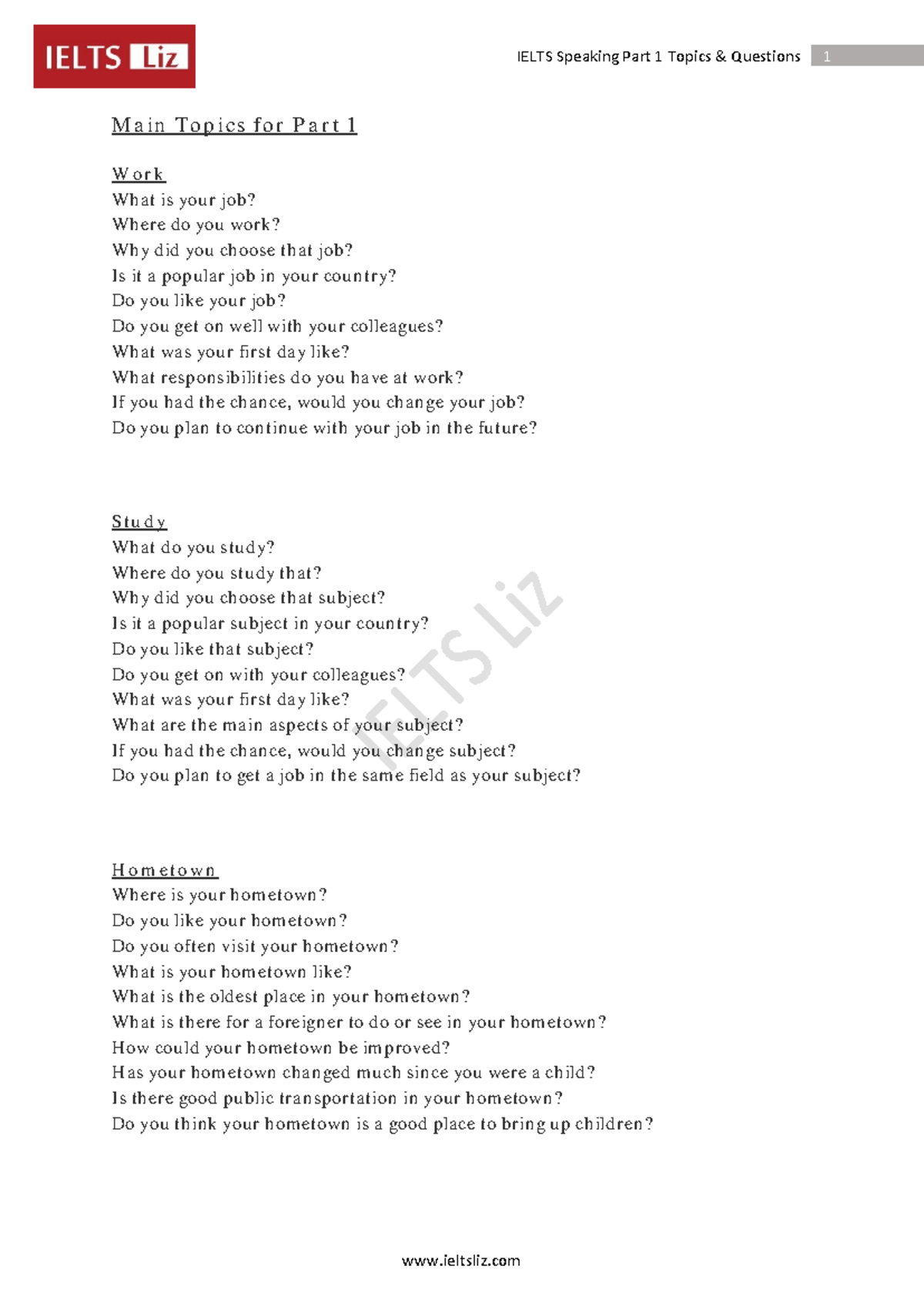 Ielts Speaking Part 1 Topics Questions Main To P Ics Fo R Part 1 W O Rk What Is Your Job Where Do Studocu