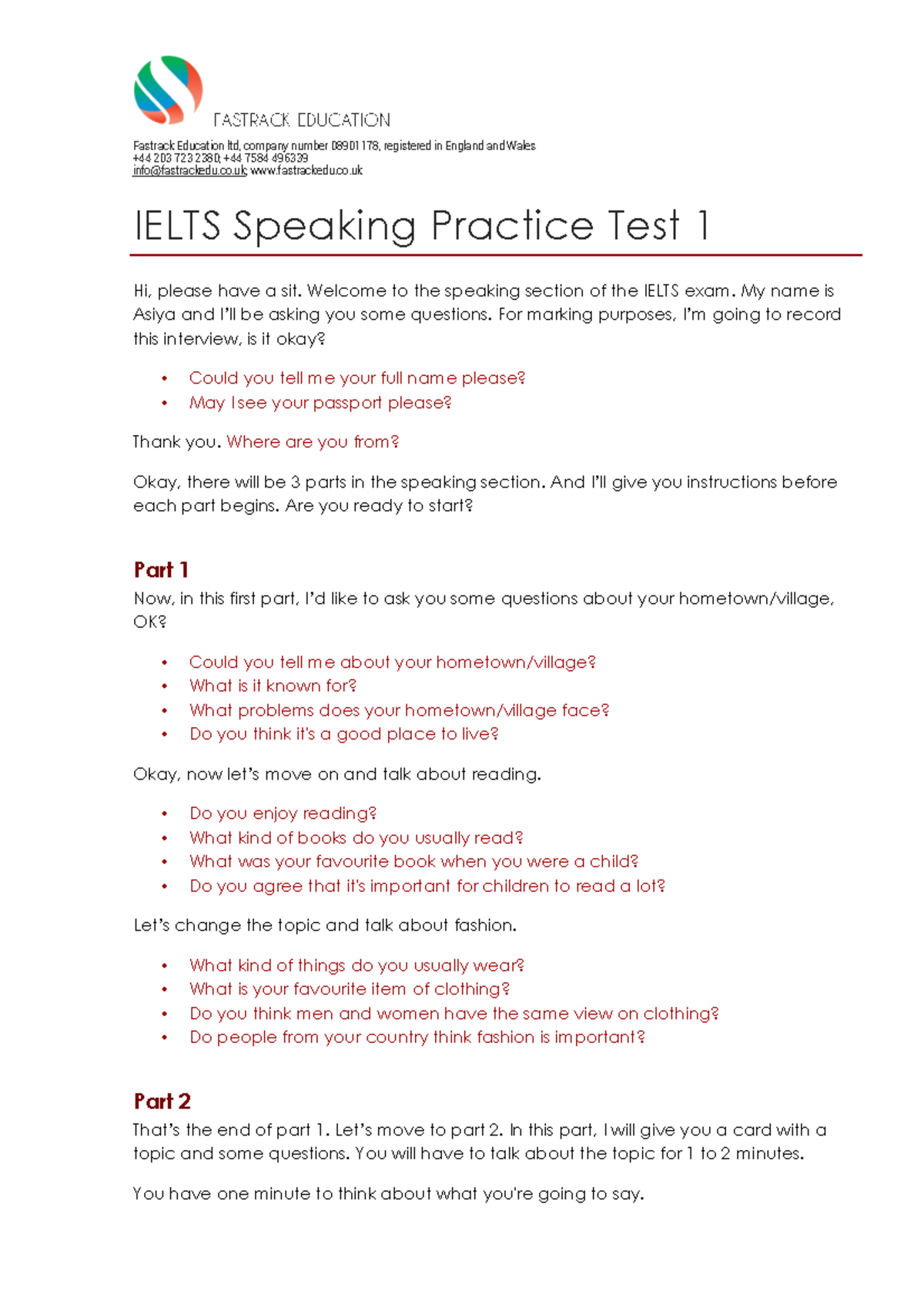 Ielts Speaking Practice Test 1 1507737949241 FASTRACK EDUCATION Fastrack Education Ltd Company Studocu