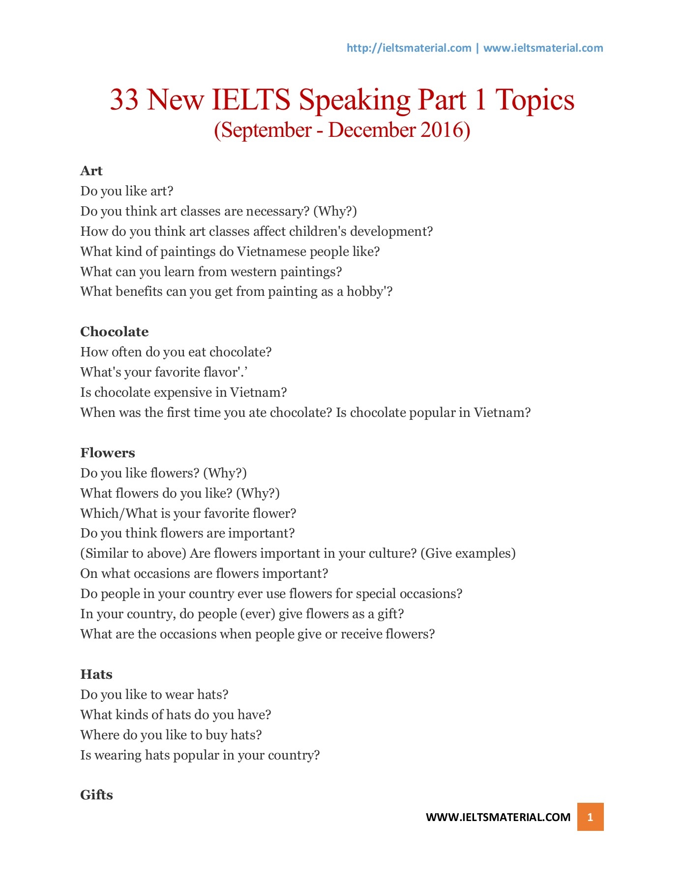 IELTSMaterial 33 New IELTS Speaking Part 1 Topics 2016 And 