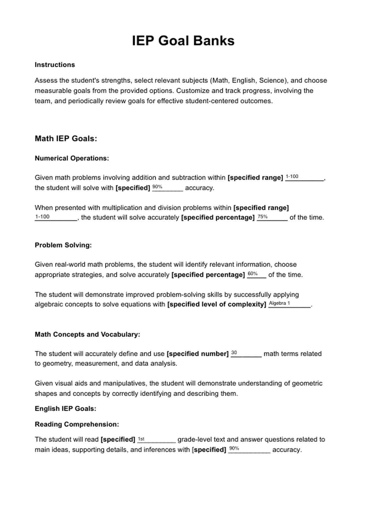 10th grade iep reading goal
