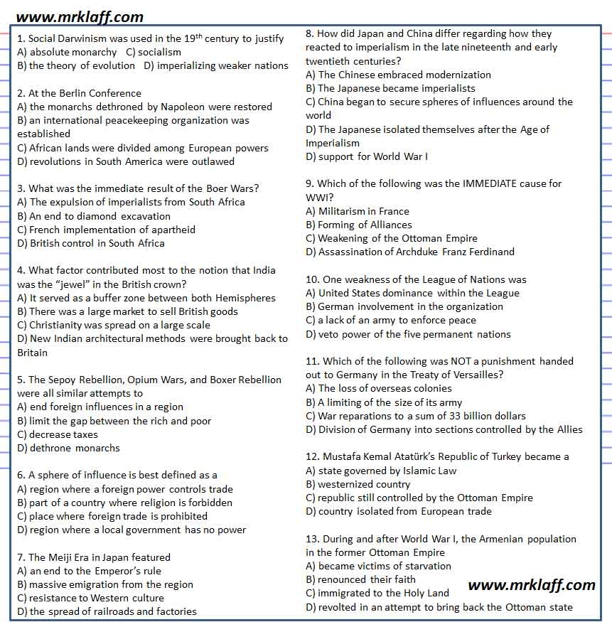 Imperialism And World War I Multiple Choice AP World History 