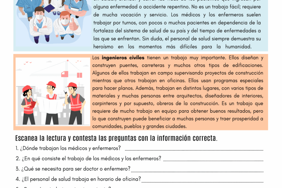 Important Jobs In Spanish PDF Reading Worksheet Spanish Worksheets Library