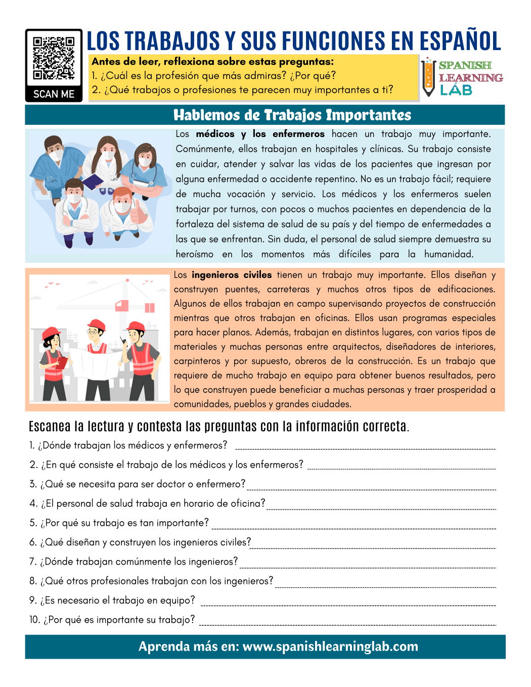Important Jobs In Spanish PDF Reading Worksheet Spanish Worksheets Library