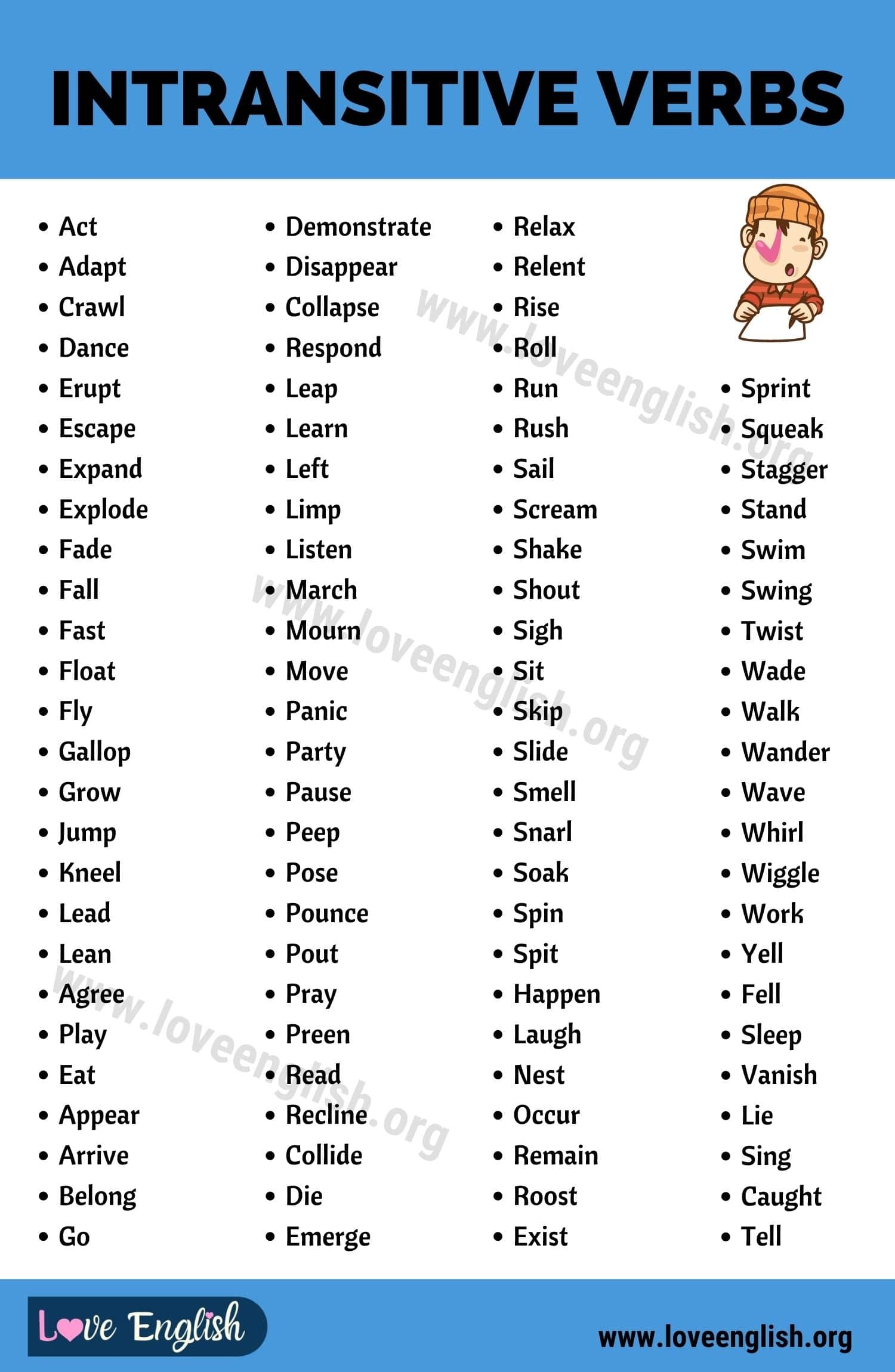 Intransitive Verb A Short List Of 100 Useful Intransitive Verbs In English Love English