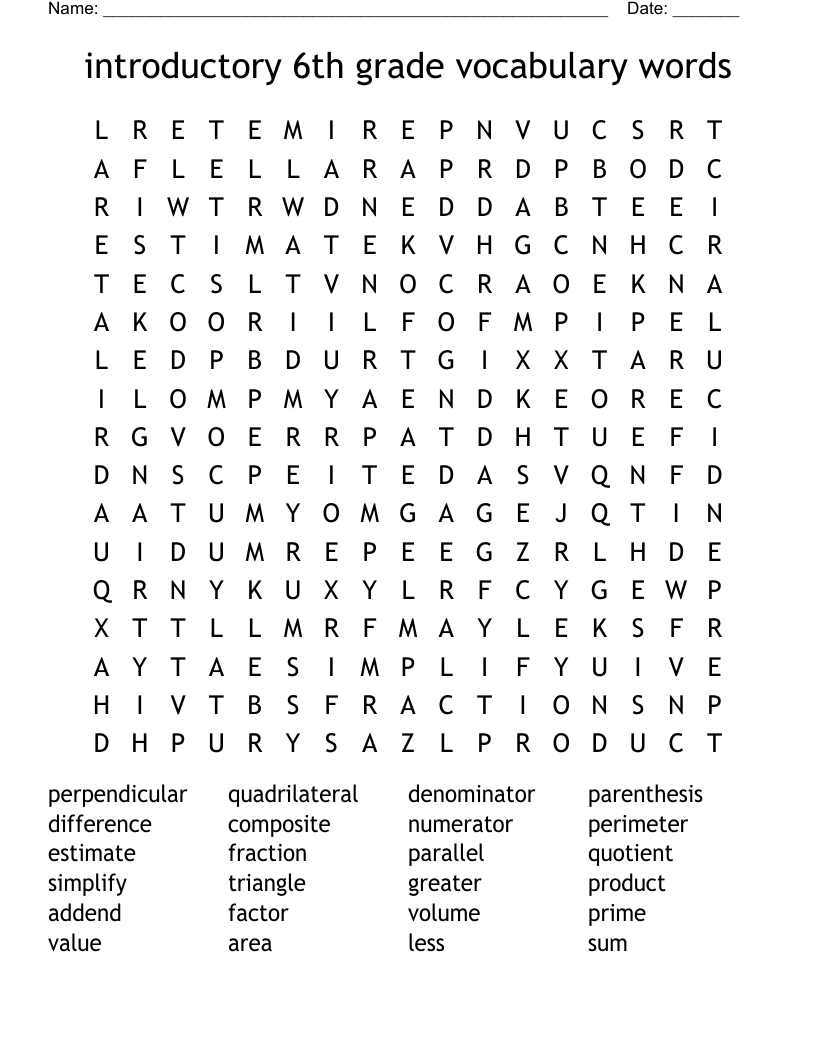 Introductory 6th Grade Vocabulary Words Word Search WordMint
