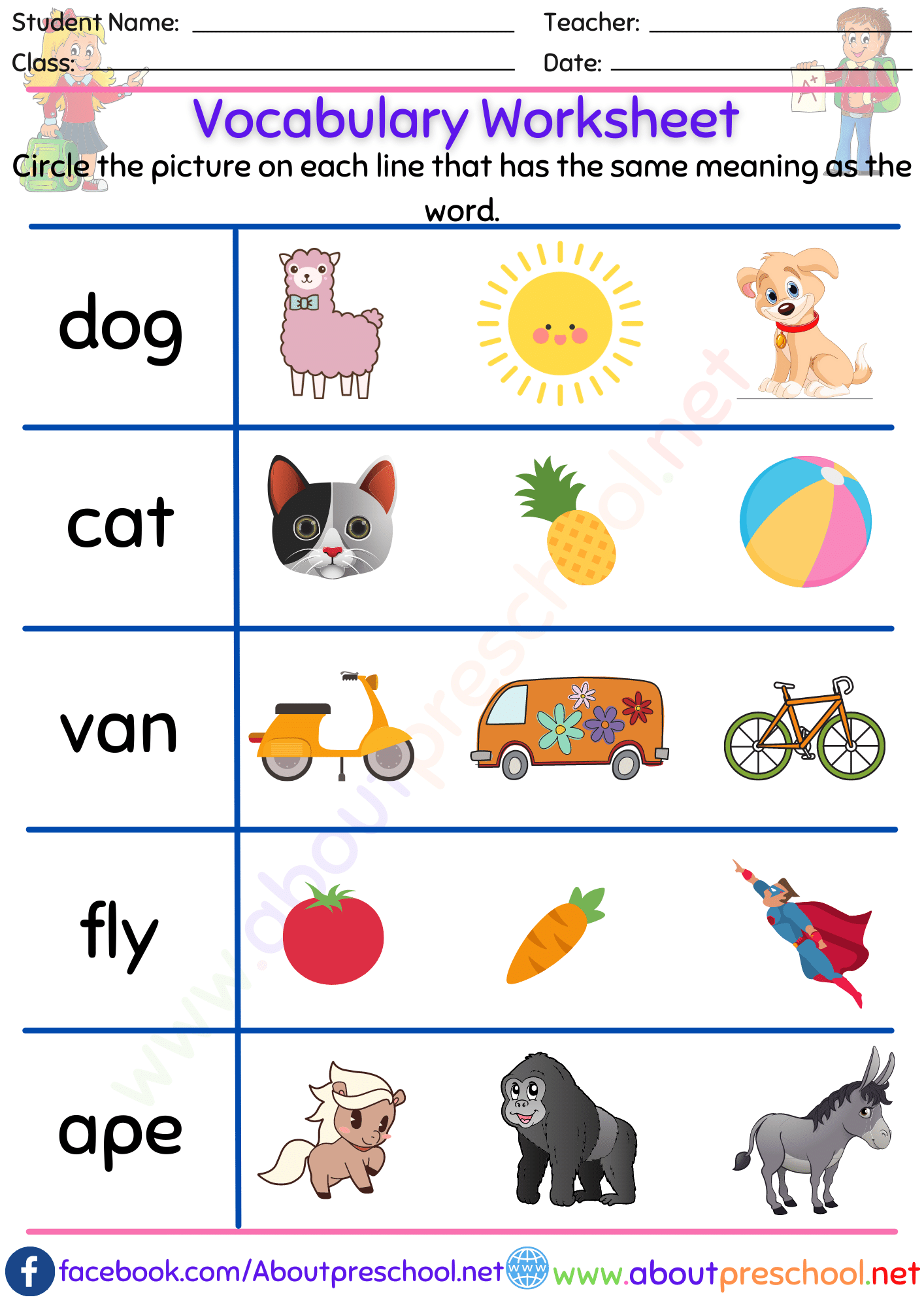 Kindergarten Vocabulary Worksheet Archives Page 8 Of 8 About 
