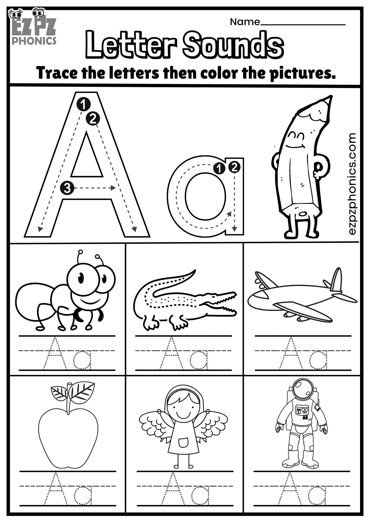 Letter Aa Trace And Color The Pictures Free PDF Download 