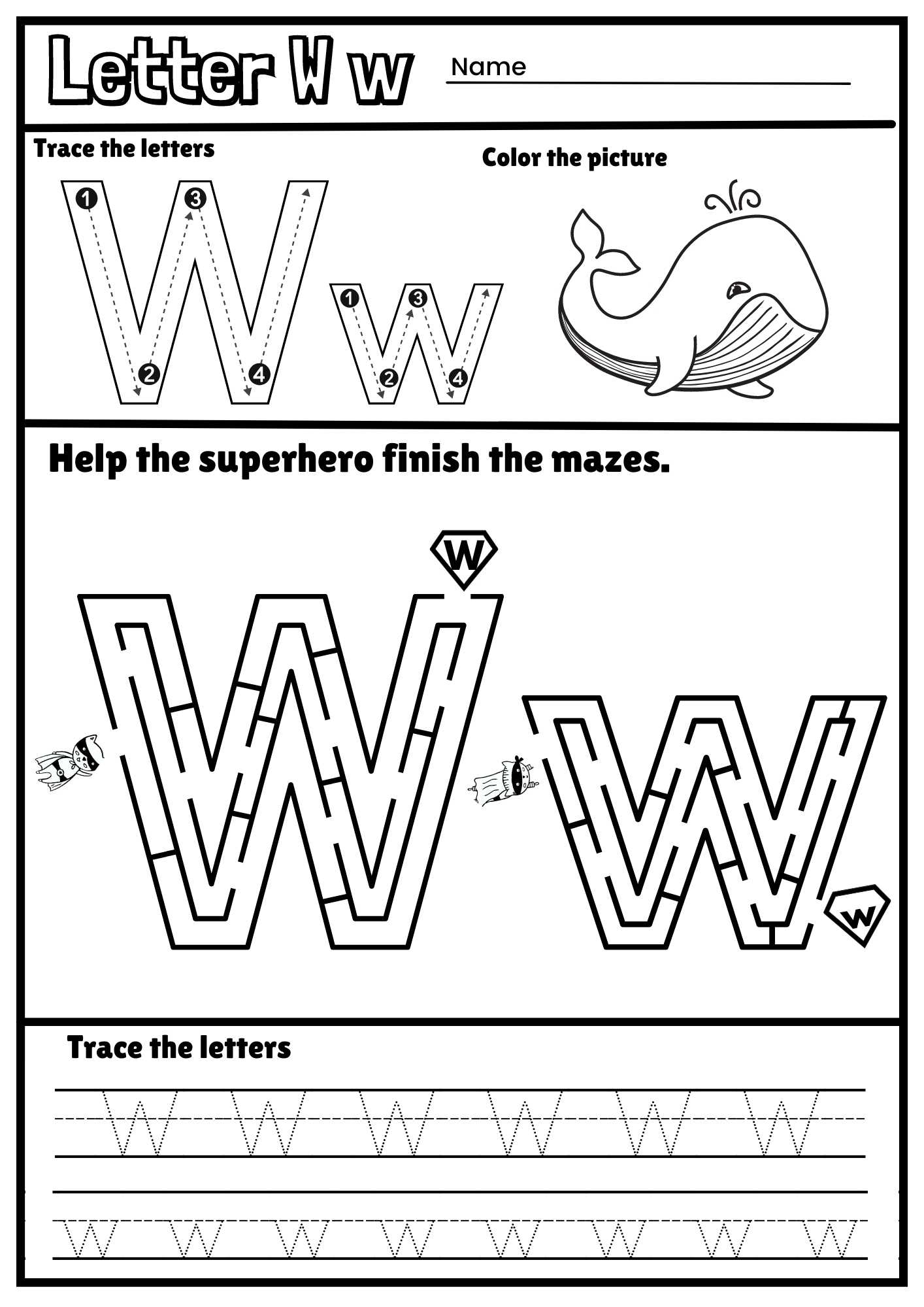 Letter W Alphabet Tracing And Coloring Free Printable PDF Ezpzphonics