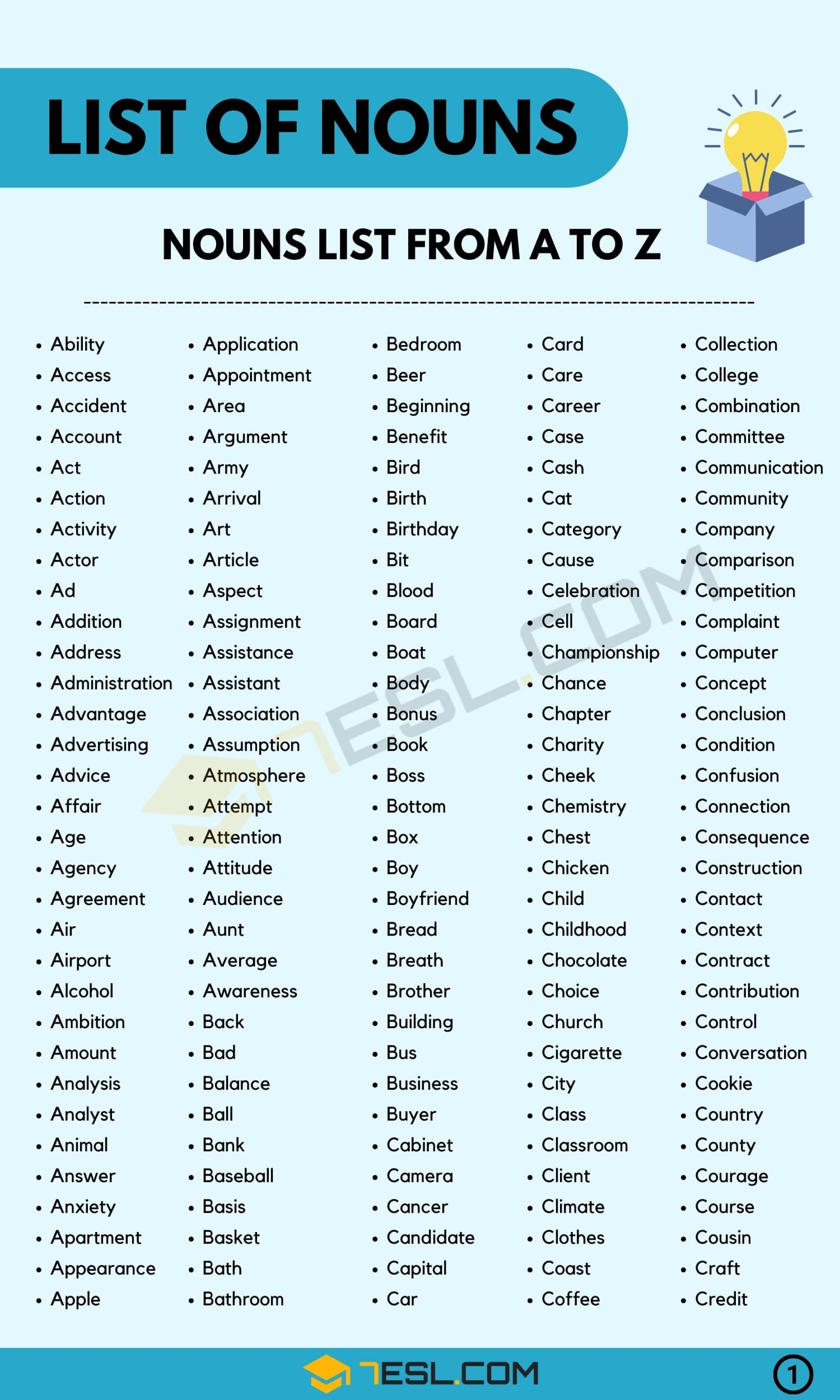 List Of Nouns 1000 Common Nouns In English 7ESL