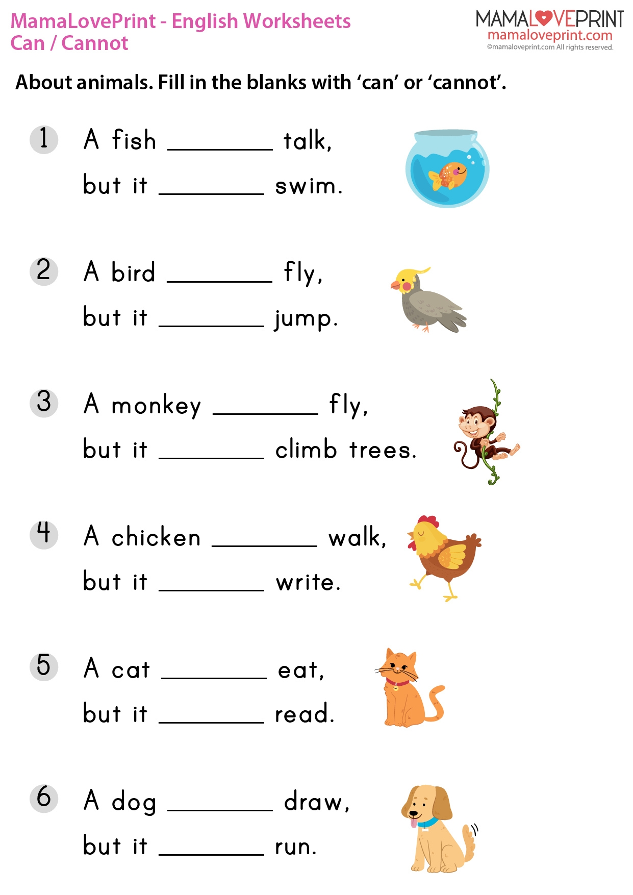MamaLovePrint Grade 1 English Worksheets Basic Grammar Can Cannot PDF Free Download