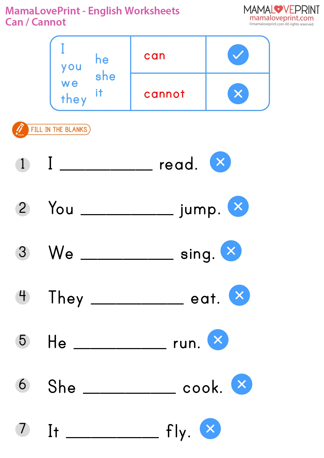 MamaLovePrint Grade 1 English Worksheets Basic Grammar Can Cannot PDF Free Download