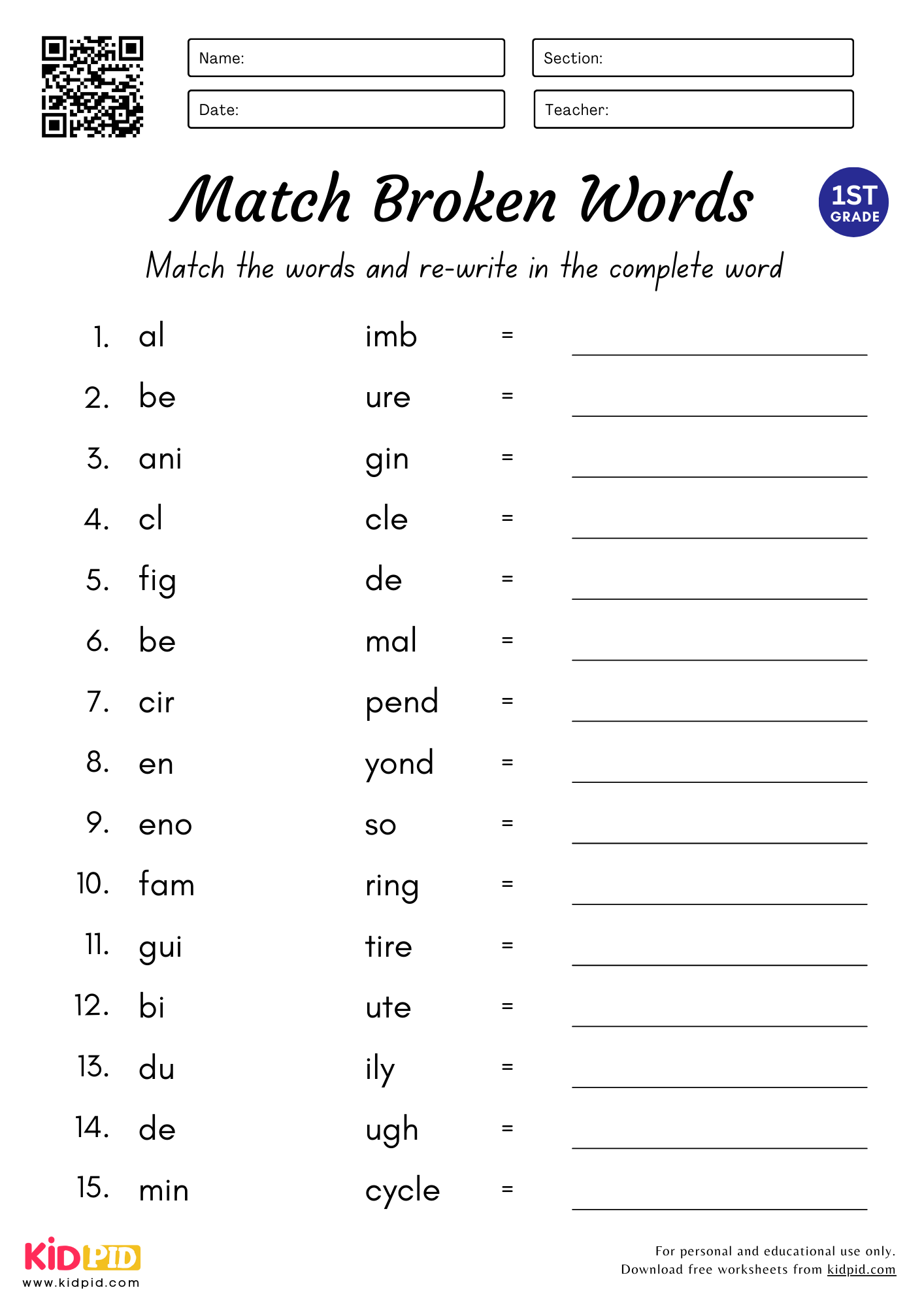Match U0026 Complete The Words Worksheet For Grade 1 Kidpid