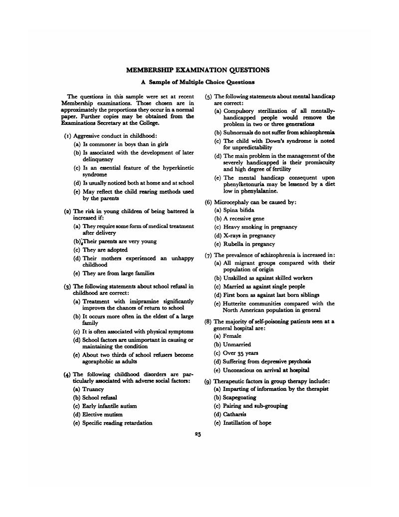 Membership Examination Questions A Sample Of Multiple Choice 