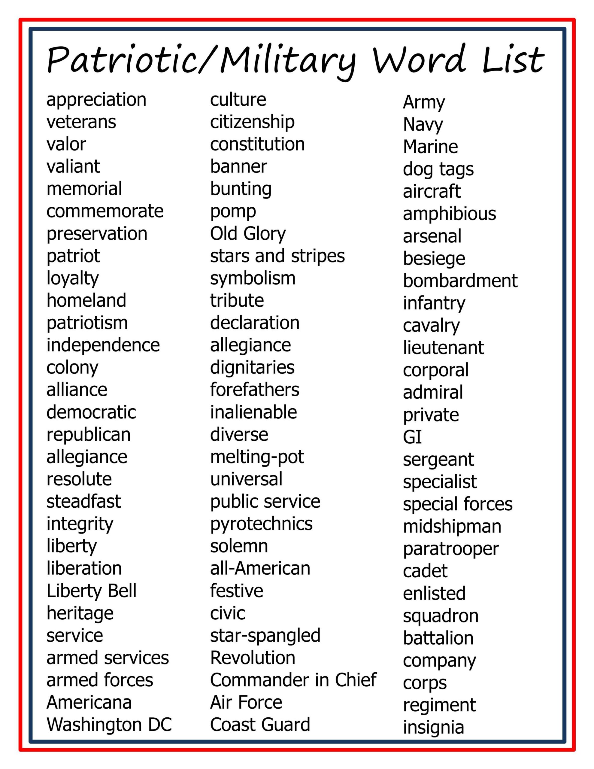 Memorial Day Word List 