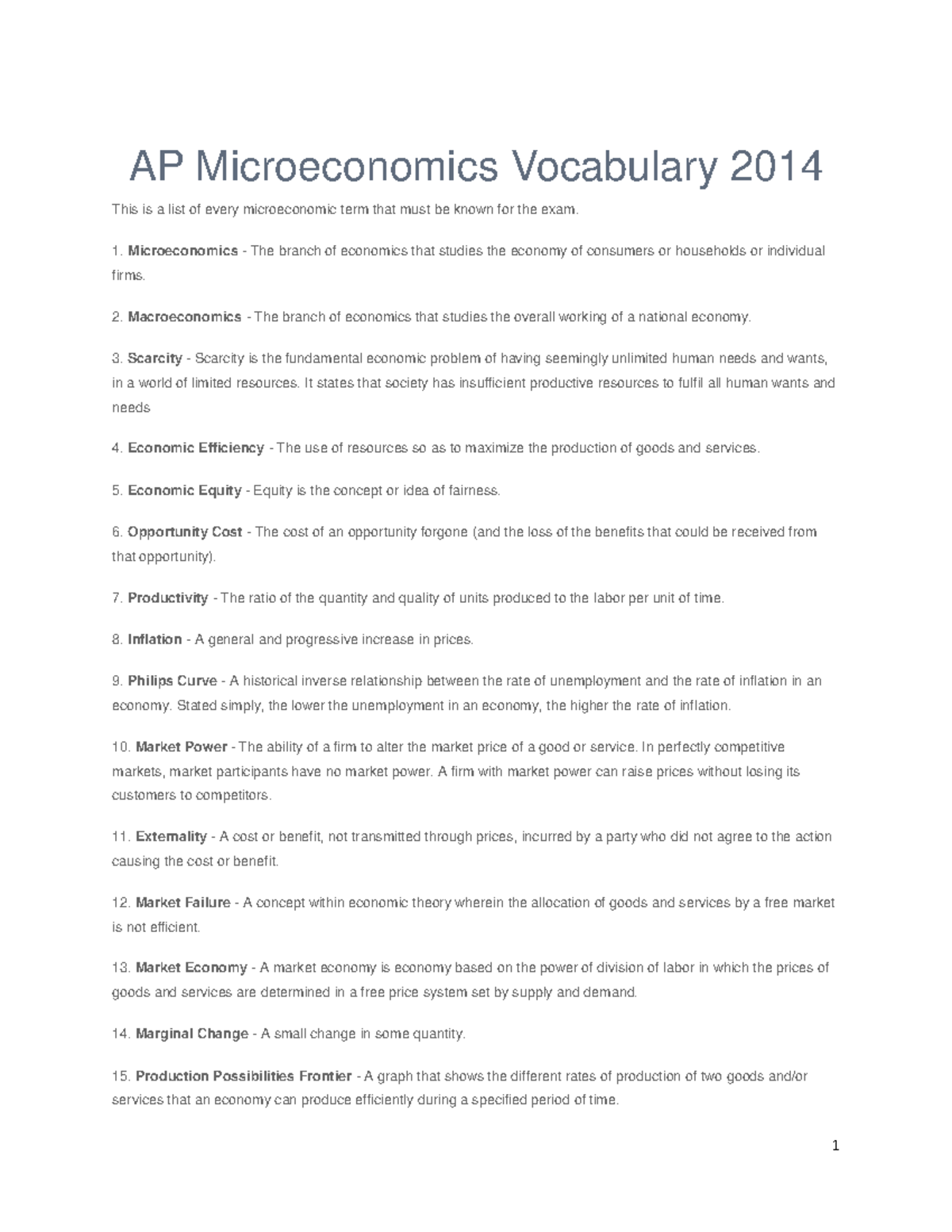 economics vocabulary list