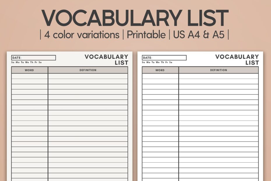 Minimal Vocabulary List Printable Vocabulary Note Worksheet Language Study Notebook Template Word Book Pdf Voca Card Planner Inserts Etsy