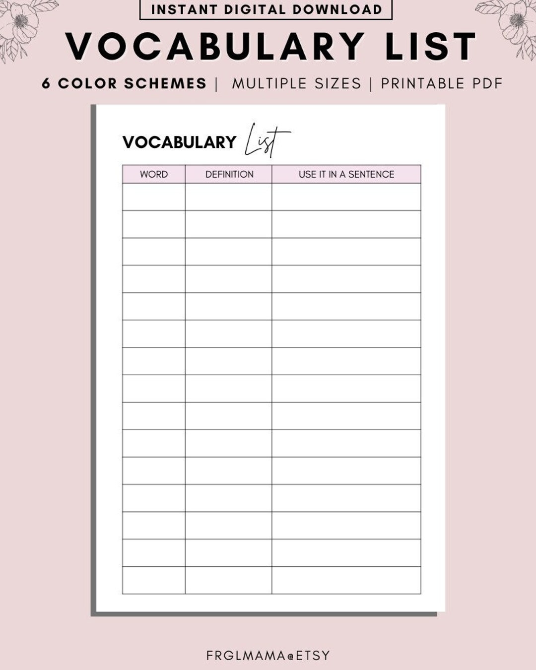 vocabulary list worksheets