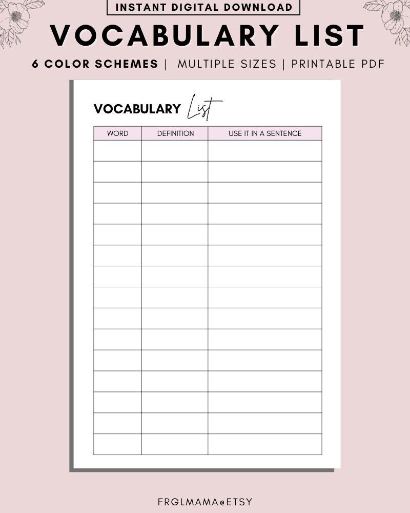 free printable vocabulary lists