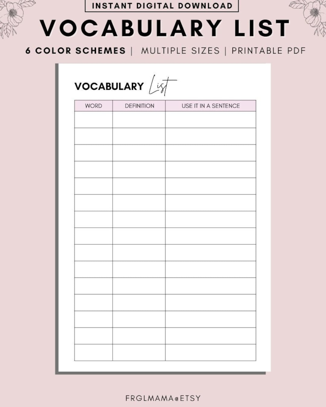 Minimal Vocabulary Note Printable Planner Inserts Vocabulary List Worksheet Language Study Notebook Template Word Book Pdf Voca Card Etsy