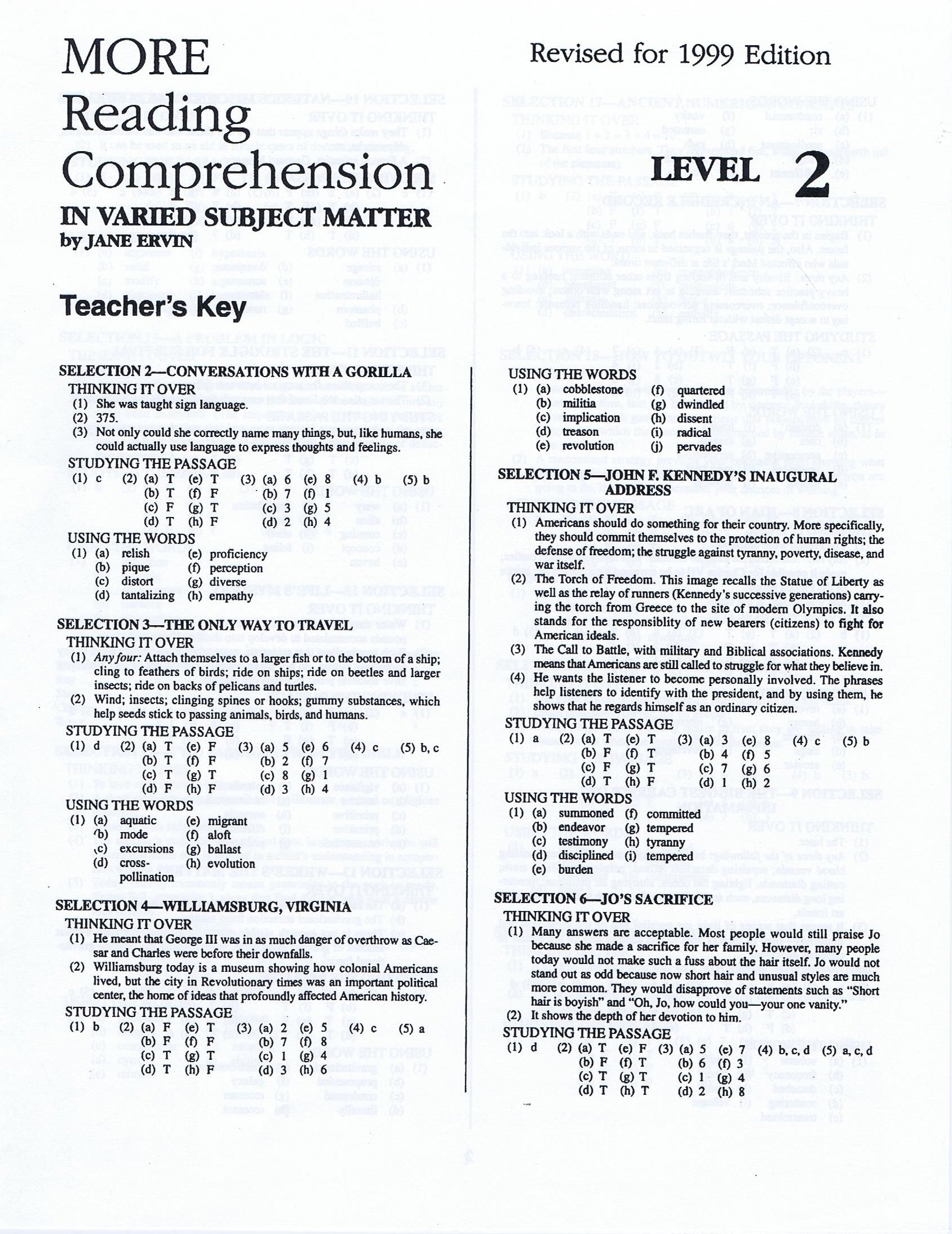 More Reading Comprehension Level 2 Answer Key Jane Ervin 9780838896075 Amazon Books