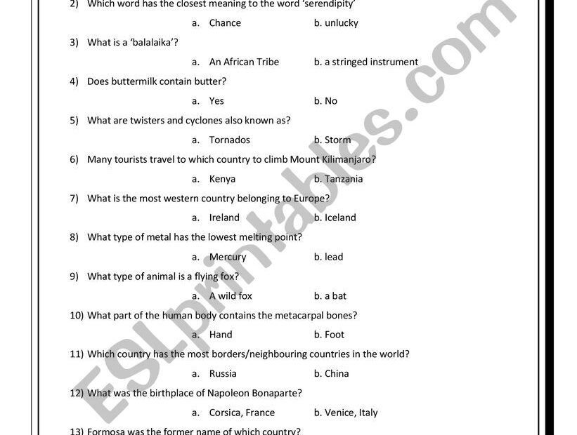 Multiple Choice General Knowledge Trivia internet Research ESL Worksheet By Nadya33