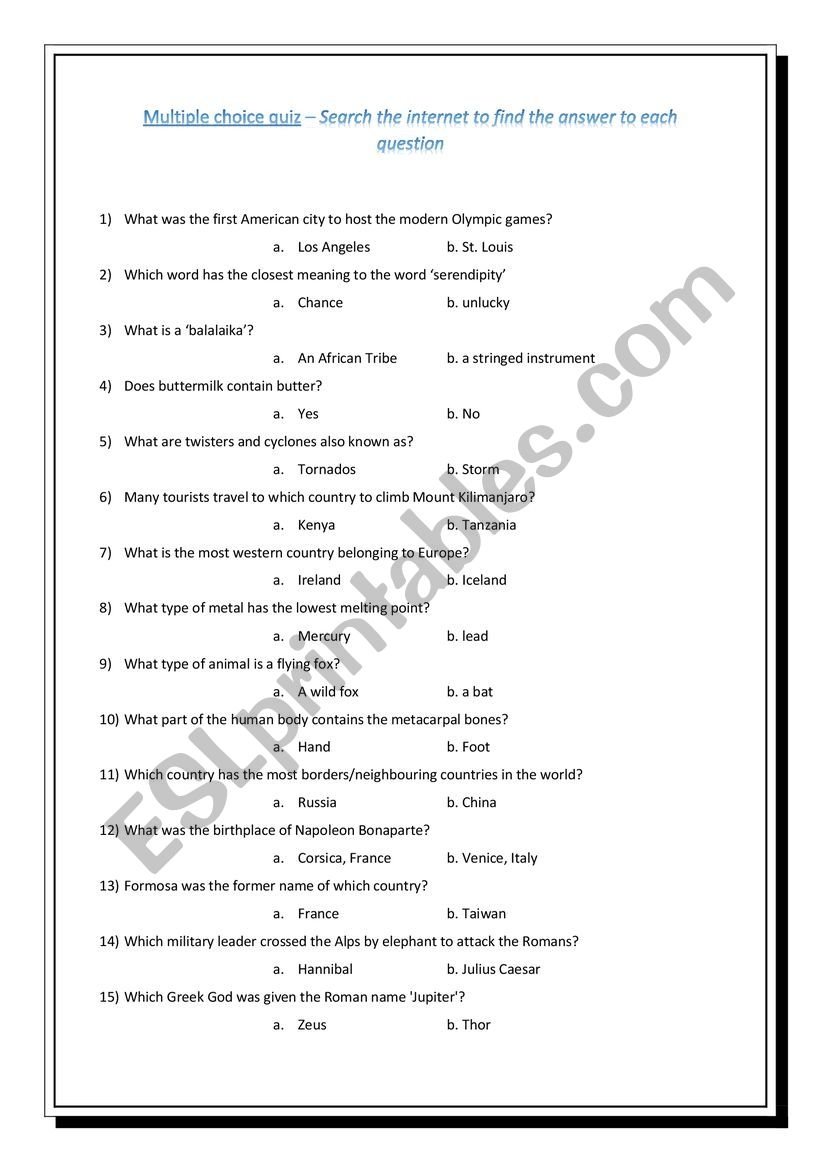 Multiple Choice General Knowledge Trivia internet Research ESL Worksheet By Nadya33